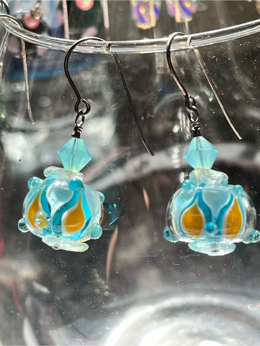 Handmade Sterling Silver Lampwork Earrings - Swarovski Ocean Blue